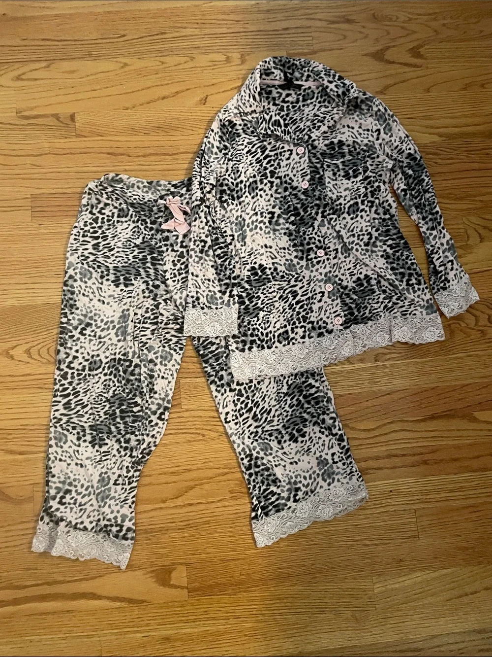 Sonoma Pink and Black Leopard-Print Lace Trim Pajama Set